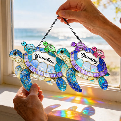 Personalized Grandma & Grandpa Turtle Suncatcher Ornament, Custom Grandkids Names, Family Gift for Grandparents
