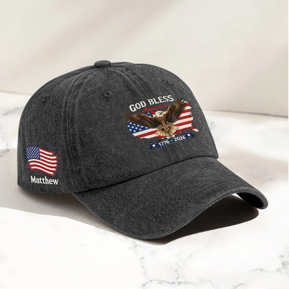 Personalized Washed Denim Baseball Cap, God Bless America Eagle Flag Design, Vintage Look Everyday Wear, Unique Gift