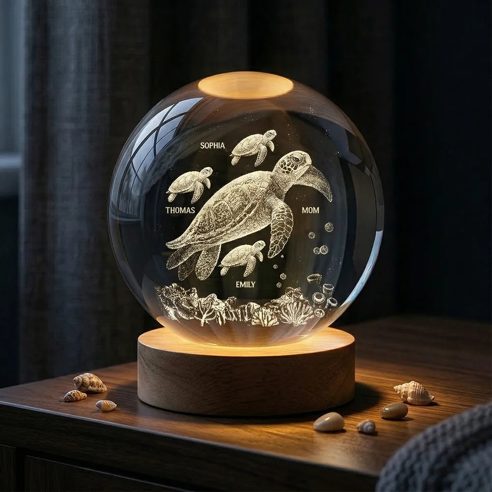 Sea Turtle Family Globe Lamp Night Light, Personalized Keepsake Gift for Mom, Soft Warm Light for Cozy Bedside Moments