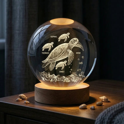 Sea Turtle Family Globe Lamp Night Light, Personalized Keepsake Gift for Mom, Soft Warm Light for Cozy Bedside Moments