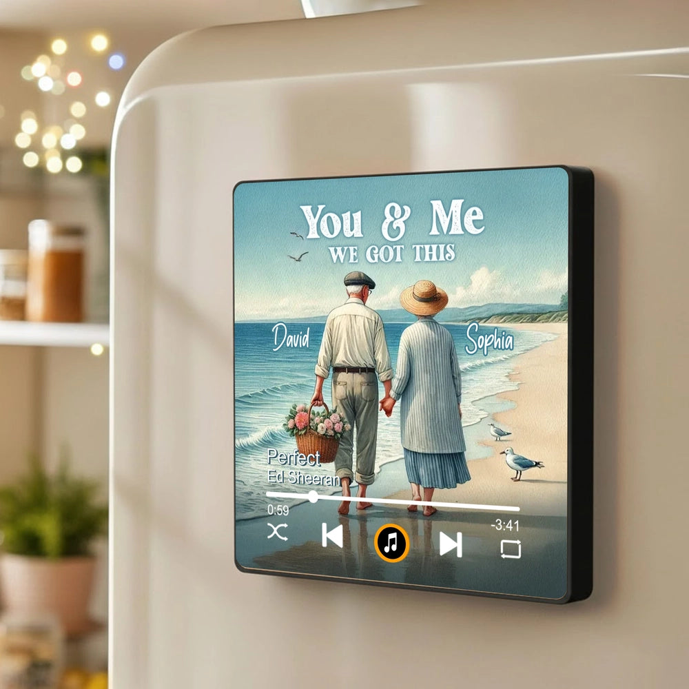Personalized Acrylic Music Magnet 'You & Me We Got This' Couple Walking on the Beach Fridge Decor Unique Gift for Wife or Husband