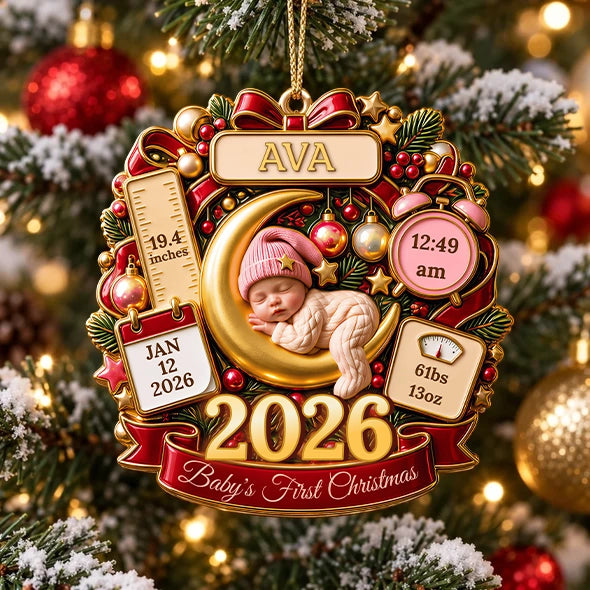 Custom Baby's First Christmas Acrylic Ornament, Sleeping Baby on Moon with Birth Stats, Sweet Keepsake for New Parents