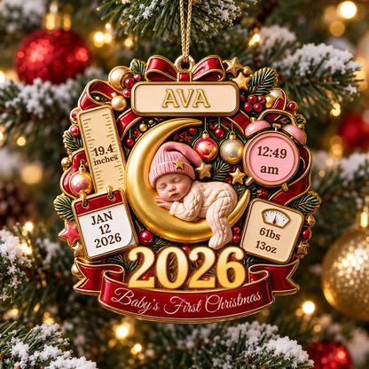 Custom Baby's First Christmas Acrylic Ornament, Sleeping Baby on Moon with Birth Stats, Sweet Keepsake for New Parents