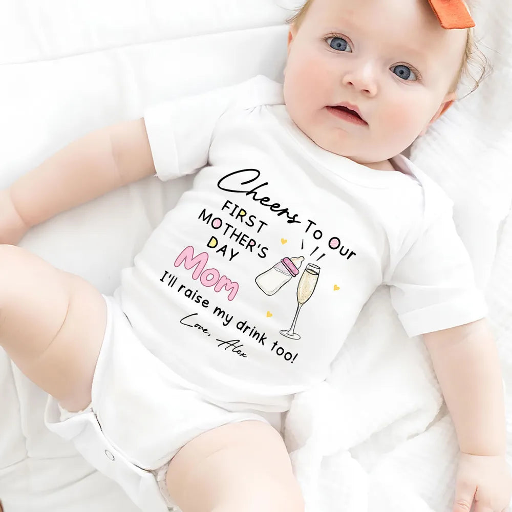 Short Sleeve Baby Onesie for First Mother's Day, Personalized Cheers Design with Baby Bottle and Toast, Sweet Gift Idea for New Mom