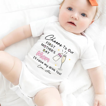 Short Sleeve Baby Onesie for First Mother's Day, Personalized Cheers Design with Baby Bottle and Toast, Sweet Gift Idea for New Mom