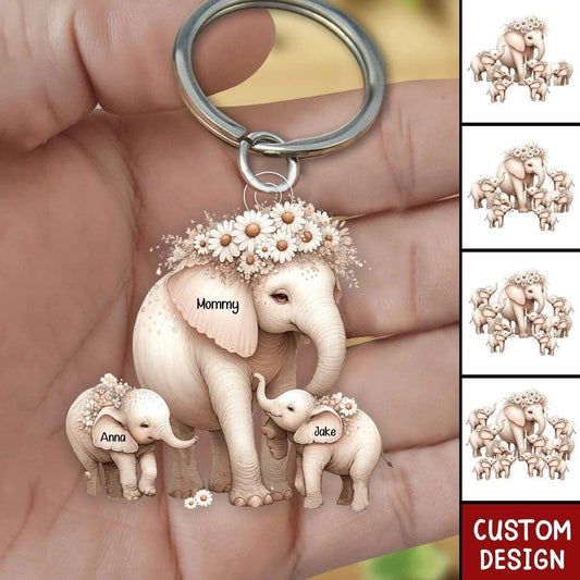 Mama Elephant With Little Kids Personalized Acrylic Keychain - Mother's Day Gift