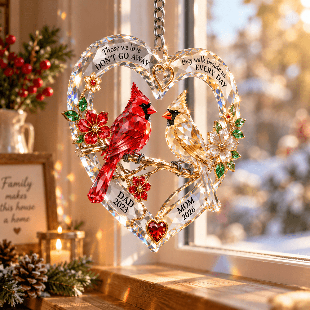 Personalized Cardinal Memorial Acrylic Ornament with Names & Years, Heart-Shaped Window Hanging, Sympathy Gift