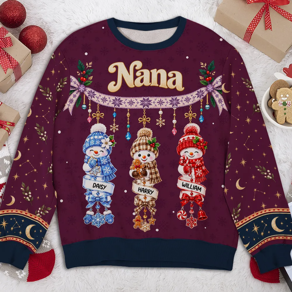 Grandma Printed Sweatshirt, Personalized Snowman Family in Festive Red, Creative Christmas Gift from Grandkids