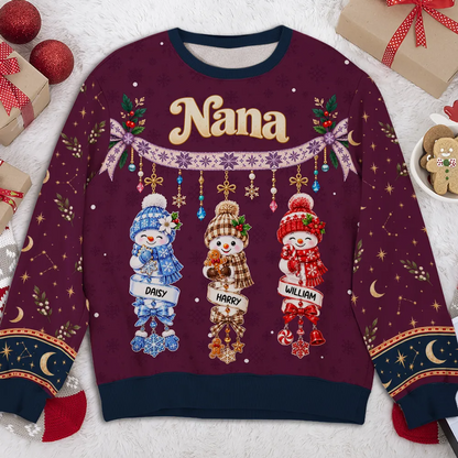 Grandma Printed Sweatshirt, Personalized Snowman Family in Festive Red, Creative Christmas Gift from Grandkids