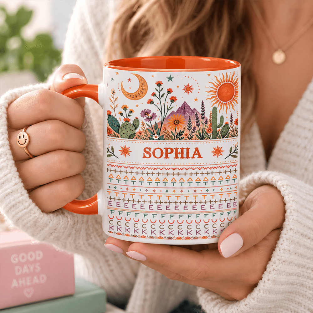 Personalized Desert Floral Mug with Custom Name, Sun & Cactus Design, A Meaningful Gift Filled with Warmth and Nature-Inspired Beauty