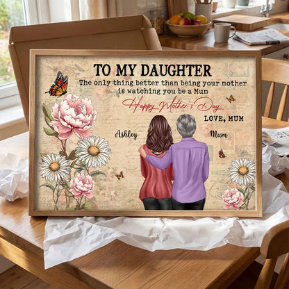 Personalized Mother's Day Floral Poster, Mom and Daughter Hugging Back View, Vintage Look, Unique Gift for Mom