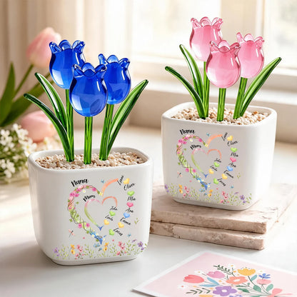 Personalized Family Heart Ceramic Planter with Glass Flowers, Custom Kids Names Gift for Mom or Grandma