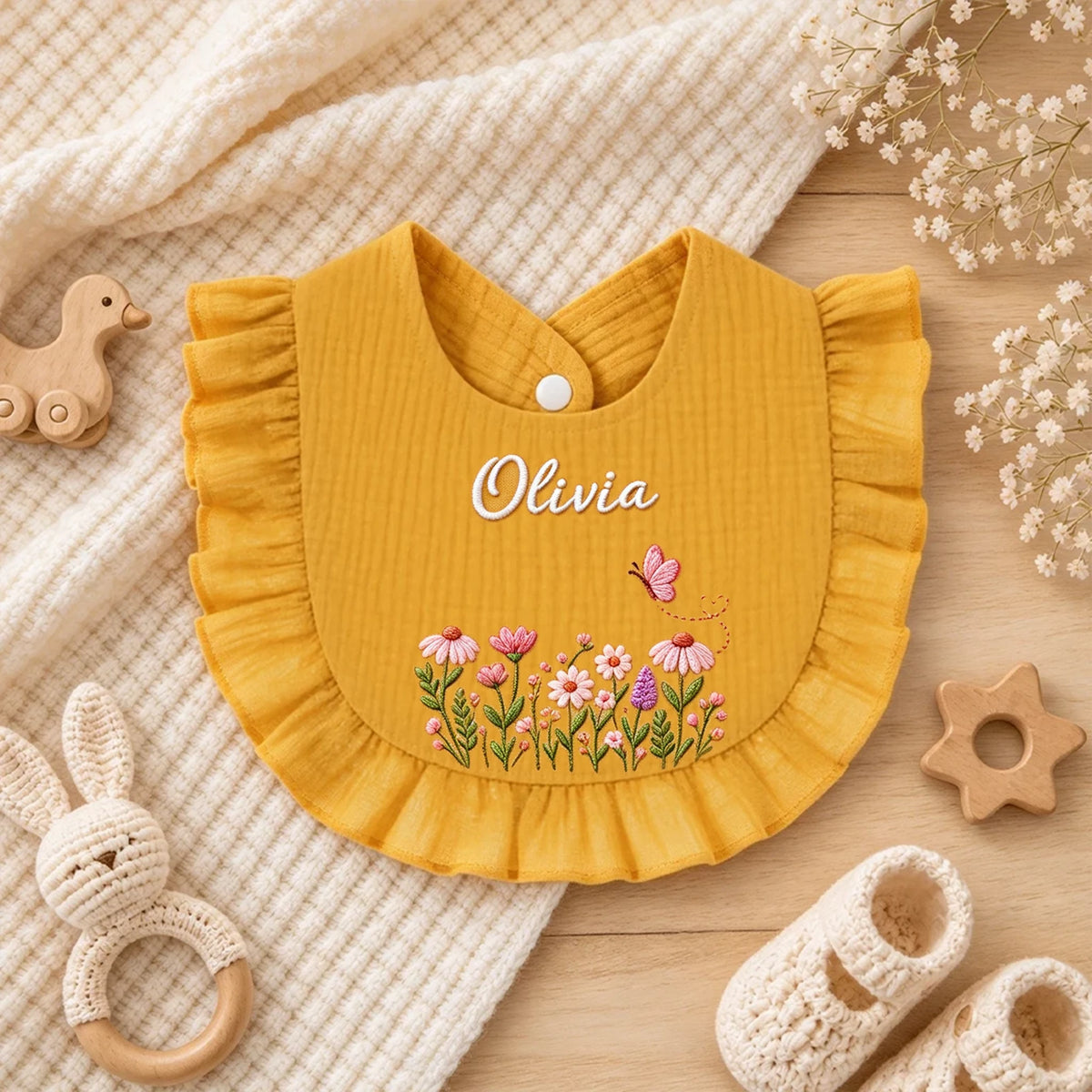 Personalized Embroidered Ruffle Baby Bib, Unique Gift for Babies and New Parents