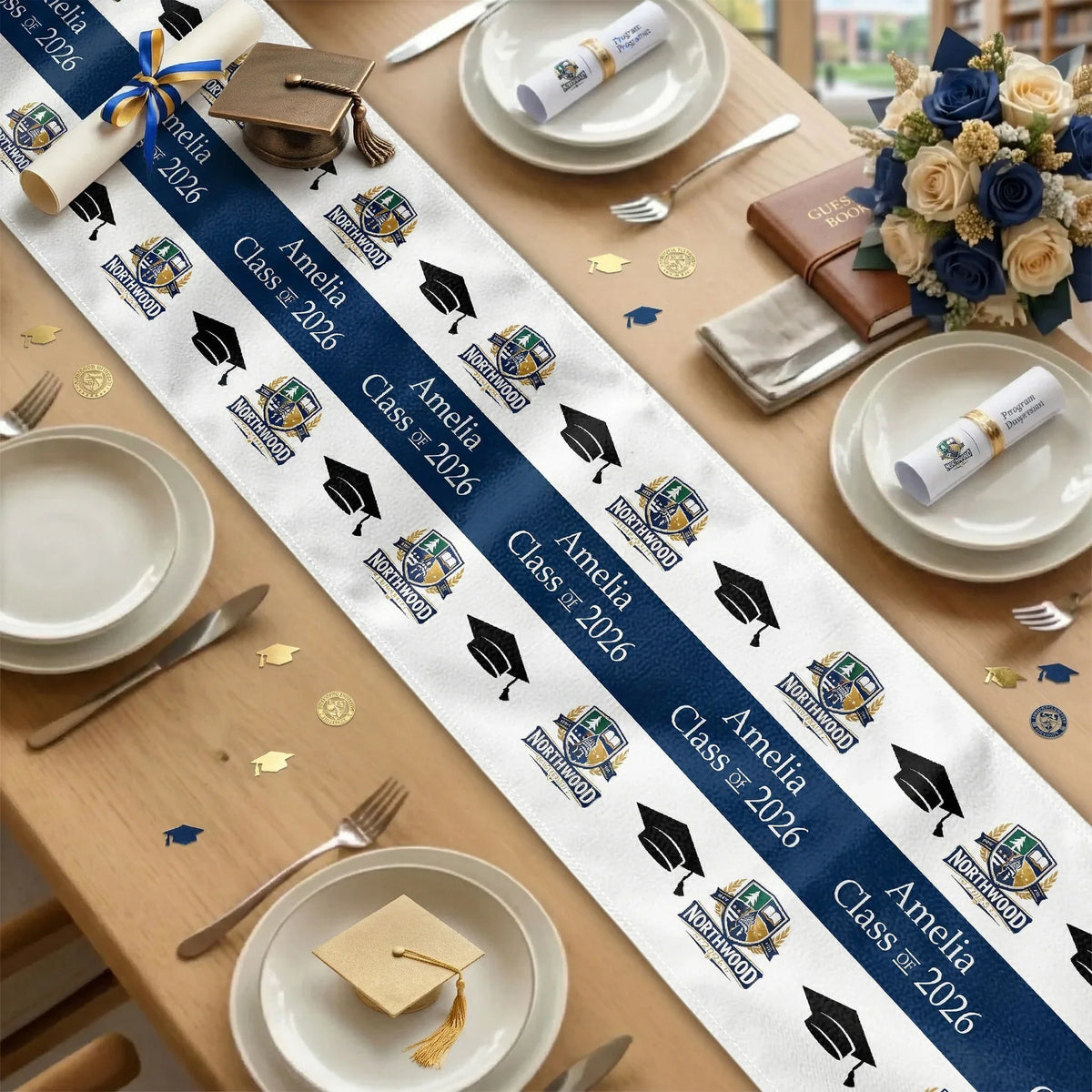 Custom Graduation Table Runner With Cap Icons and Bold Blue Layout, Graduation Party Centerpiece, Creative Gift