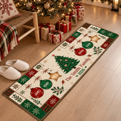 Personalized Premium Doormat with Christmas Tree and Ornaments, Unique Family Gift for a Festive Entryway