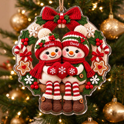 Personalized Crochet Style Snowman Couple Acrylic Ornament, Cute Christmas Wreath Decoration, Romantic Gift for Couples