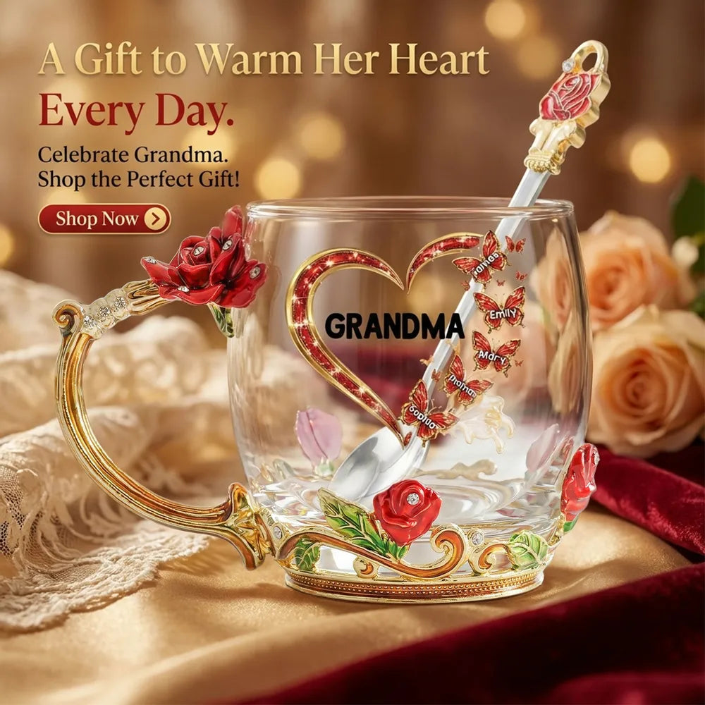 Personalized Enamel Flower Tea Cup for Grandma - Butterfly Heart Design, Unique Gift for Her Tea Moments