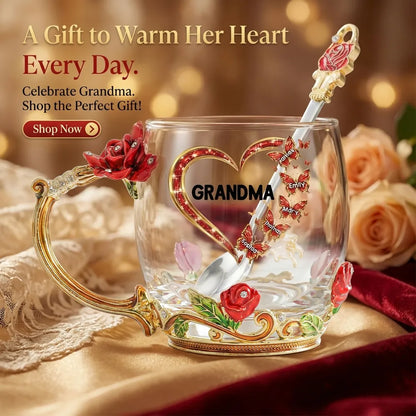 Personalized Enamel Flower Tea Cup for Grandma - Butterfly Heart Design, Unique Gift for Her Tea Moments