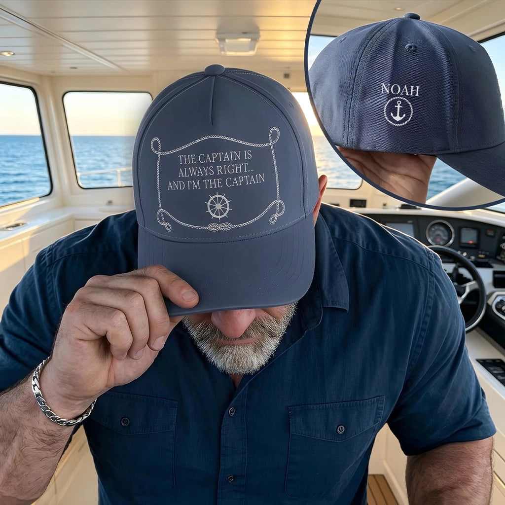 Navy Quick-Dry Cap with The Captain Is Always Right Quote, Sunlit Boat Cabin, Unique Creative Gift for Him