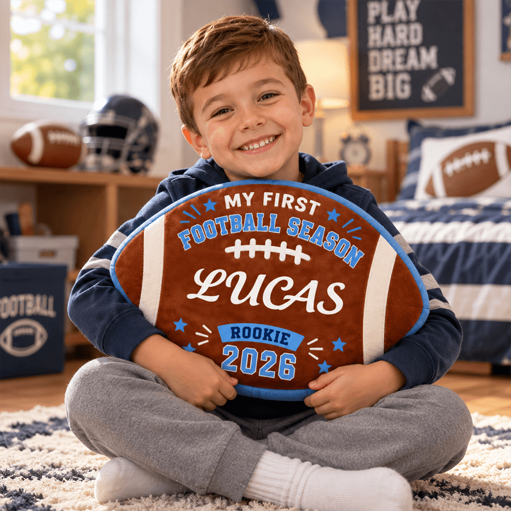 Personalized My First Football Season Shaped Pillow, Custom Name & Year Rookie Keepsake Gift for Kids