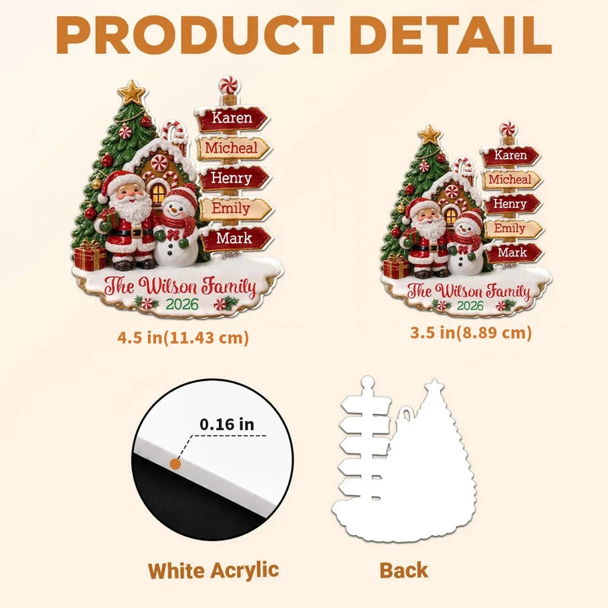 Personalized Acrylic Ornament, Santa and Snowman by a Snowy Gingerbread House, Unique Family Gift