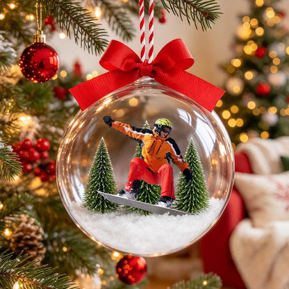 Personalized Acrylic Snow Globe Ornament, Snowboarder Riding Through Snowy Evergreens, Unique Christmas Gift for Winter Sports Fans