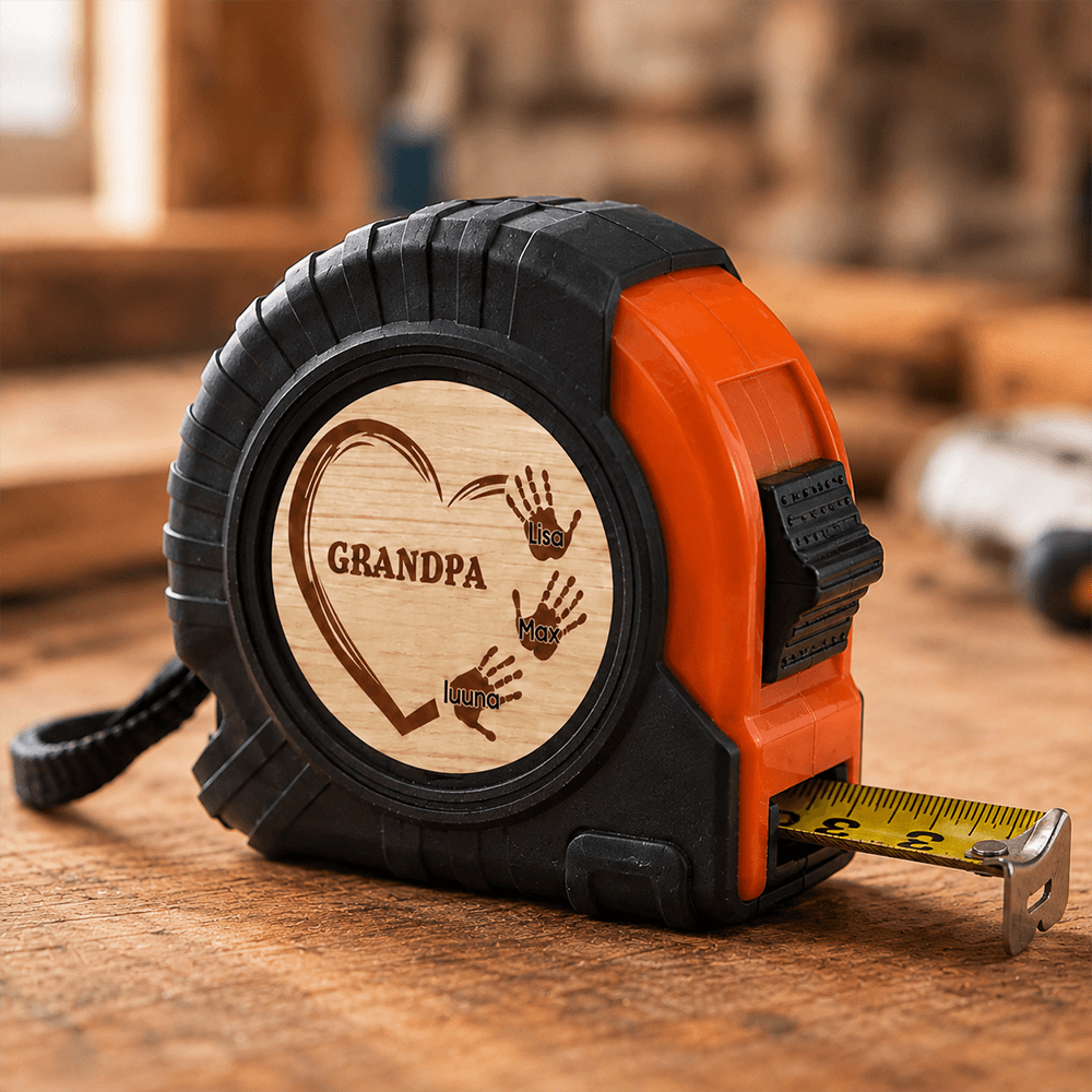 Personalized Tape Measure for Grandpa with Kids' Handprints, Custom Wood Keepsake Gift for DIY Dad & Grandfather