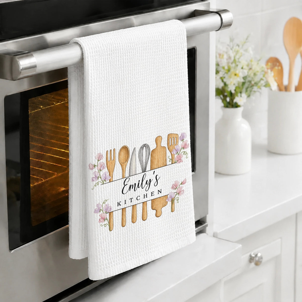 Personalized Birth Flower Kitchen Towel with Custom Name and Wooden Utensils, Gift for Home Cooks