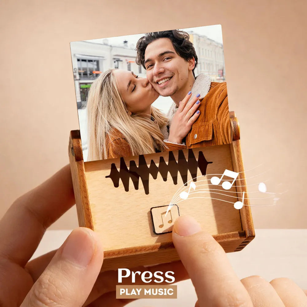 Personalized Wooden Music Box With Your Photo And Song - Romantic City Kiss Keepsake, Unique Gift For Couples