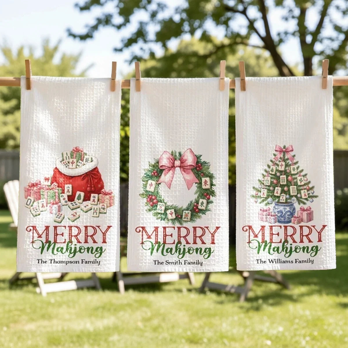 Personalized Kitchen Towel, Red and Green Merry Mahjong Wreath, Unique Christmas Gift for Mahjong Players
