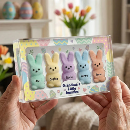 Personalized Rectangle Acrylic Block Plaque for Grandma, Pastel Easter Bunnies Desk Decor, Unique Gift She'll Love