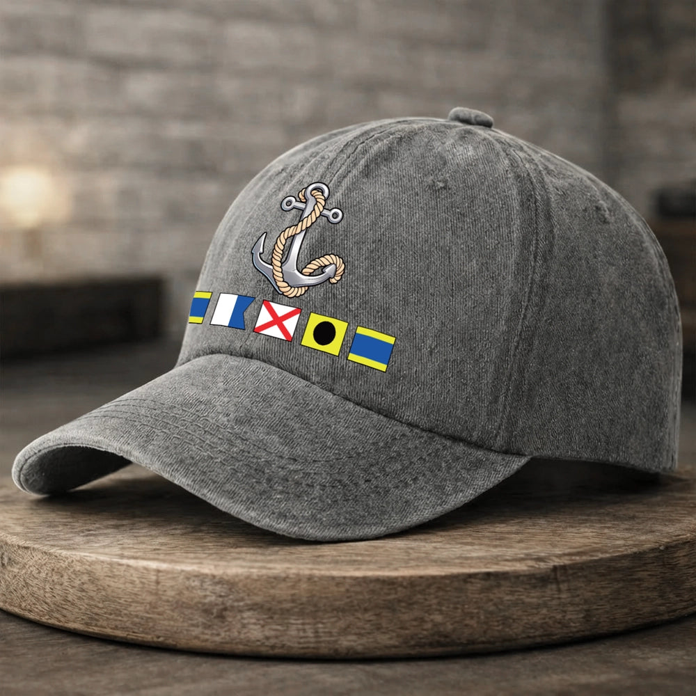 Washed Denim Baseball Cap with Boat Anchor and Nautical Flags - Coastal Style Unique Gift for Sailors and Boat Lovers