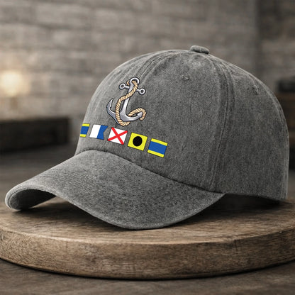 Washed Denim Baseball Cap with Boat Anchor and Nautical Flags - Coastal Style Unique Gift for Sailors and Boat Lovers