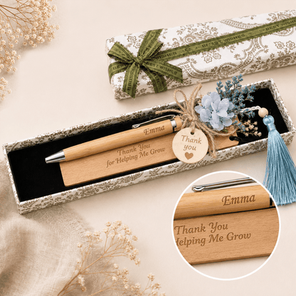 Personalized Wooden Pen & Bookmark Gift Set with Dried Flowers, Custom Engraved Thank You Gift for Teachers, Friends & Coworkers