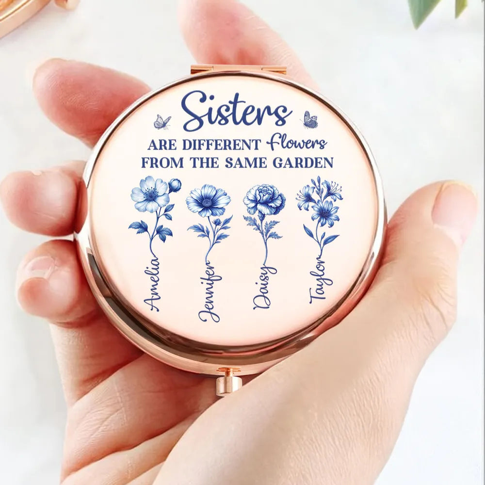 Personalized Metal Compact Mirror Sisters Are Different Flowers Gift, Blue Floral Quote, Unique Sister Gift