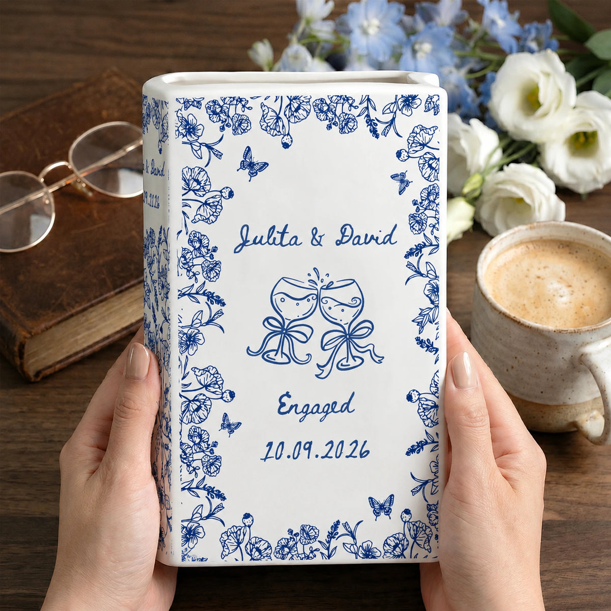 Personalized Ceramic Book Vase with Names & Date, Romantic Engagement Gift for Couples, Custom Love Keepsake