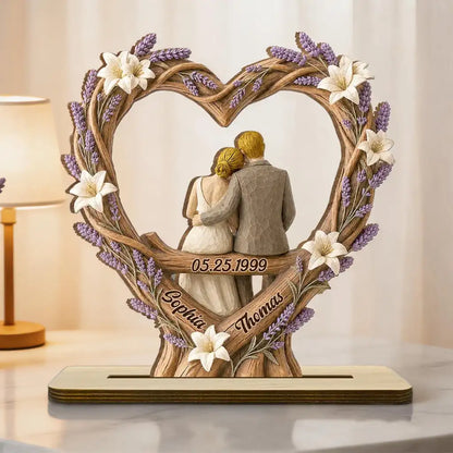 Personalized 2-Layer Wooden Plaque, Floral Heart Sitting Couple, Unique Creative Gift for Couples