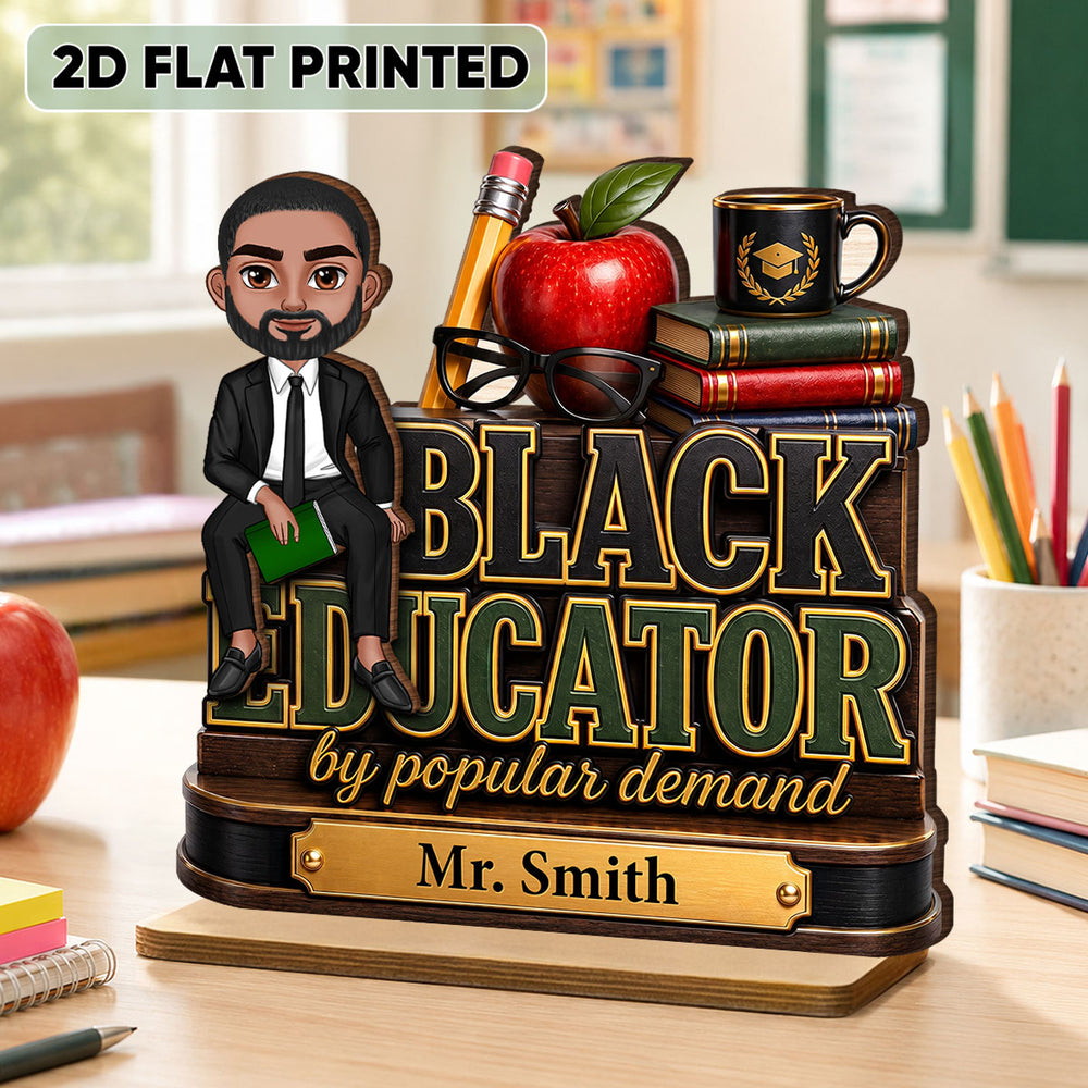Personalized Black Educator 2-Layer Wooden Plaque with Seated Teacher Art, Creative Gift for Classroom Pride