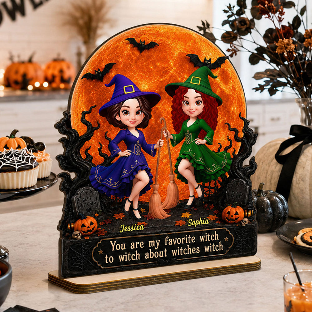 Personalized 2-Layer Wooden Plaque with Witch Friends & Orange Moon, Unique Gift for Close Friends