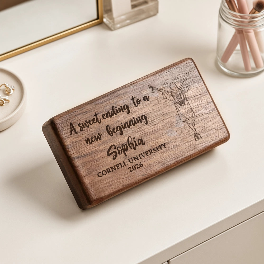 Personalized Black Walnut Jewelry Box, Graduation Girl Illustration, Unique Creative Gift for Her
