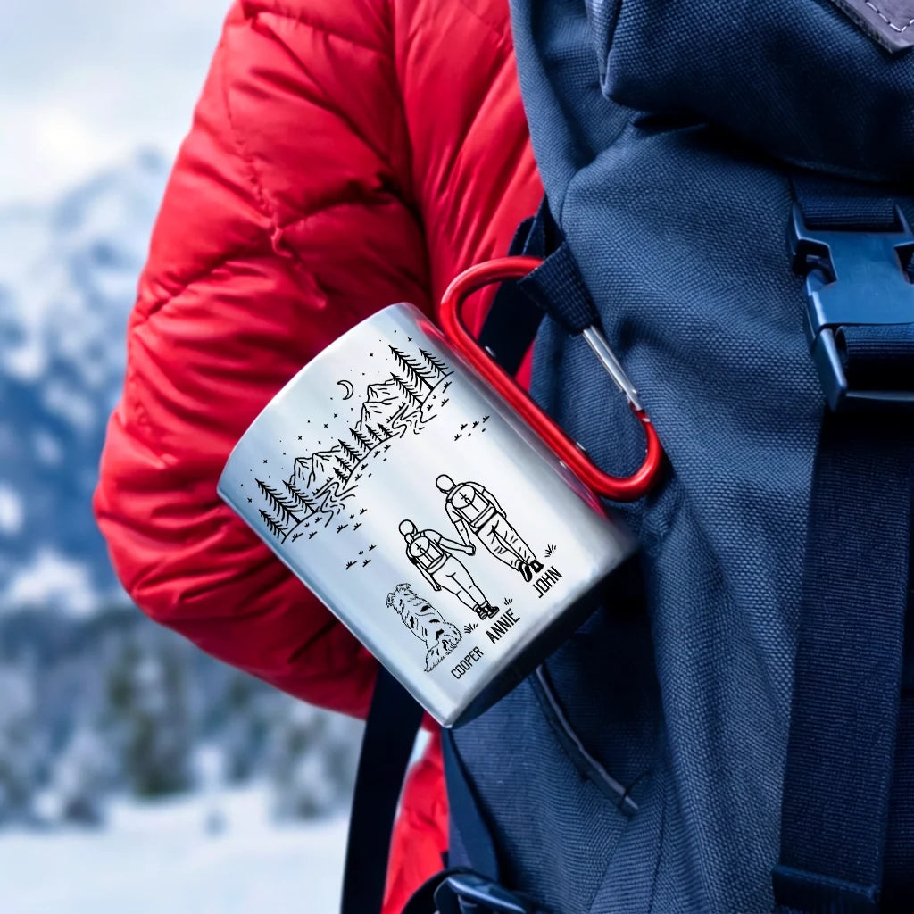 Custom Couple & Pet Carabiner Mug, Add No Pet or Multiple Pets, Personalized Hiking Camping Cup with Names, Outdoor Gift for Couples