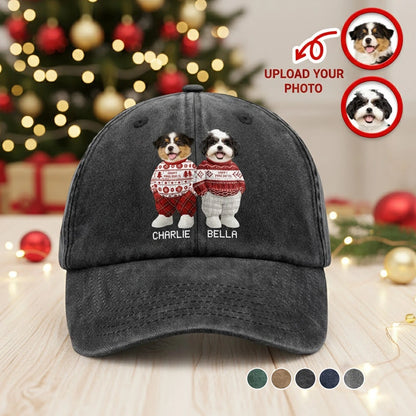 Personalized Washed Denim Baseball Cap with Cute Holiday Dogs in Sweaters – Casual Winter Style & Unique Gift for Pet Lovers