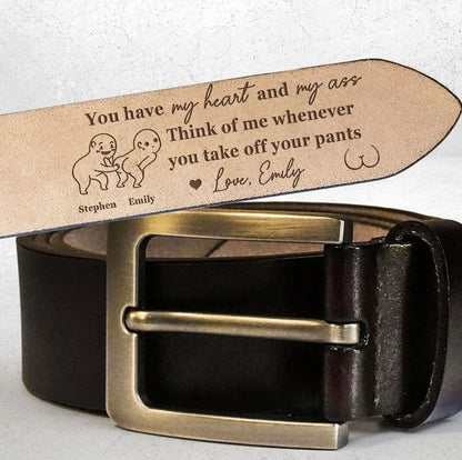 Personalized Leather Belt, Romantic Humor in Brown and Black, Cartoon Couple Posing Together, Creative Gift for Partner