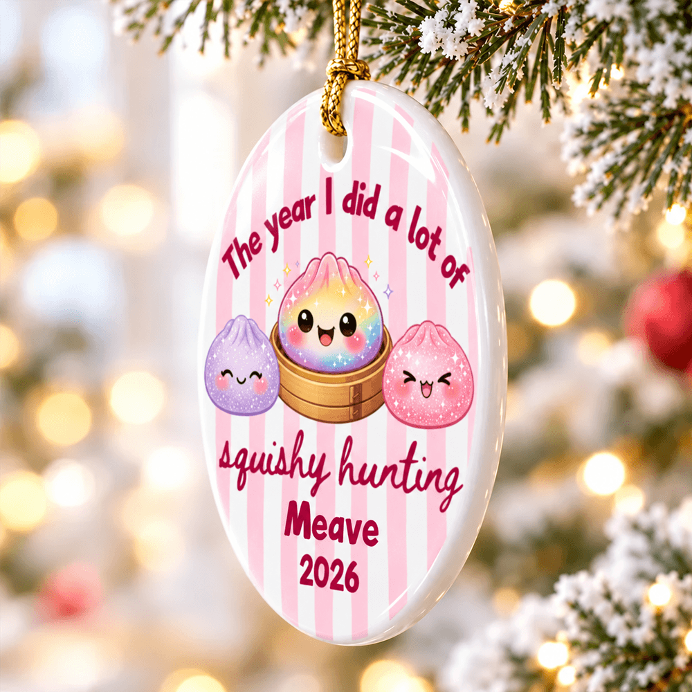 Personalized Squishy Hunting Ceramic Ornament, Cute Kawaii Cartoon Design, Custom Name Christmas Keepsake Gift