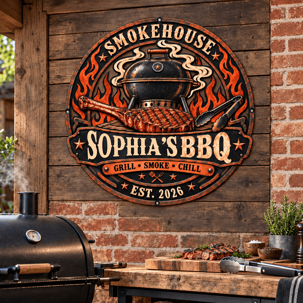 Personalized Vintage BBQ Metal Sign with Custom Name & Year, Rustic Smokehouse Wall Decor, Gift for Grill Lovers