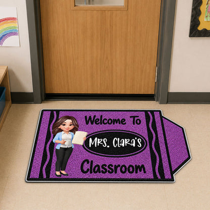 Personalized Shaped Doormat, Purple Crayon Classroom Welcome with Teacher Holding Book, Unique Gift for Teacher