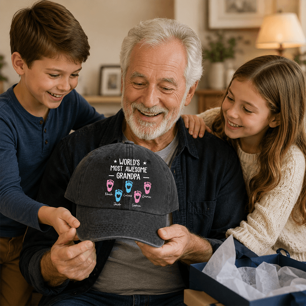 Personalized Grandpa Hat or Shirt, Custom Grandkids’ Names & Footprints, Unique Father’s Day or Birthday Gift