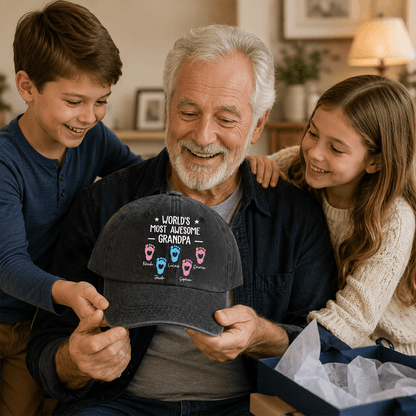 Personalized Grandpa Hat or Shirt, Custom Grandkids’ Names & Footprints, Unique Father’s Day or Birthday Gift