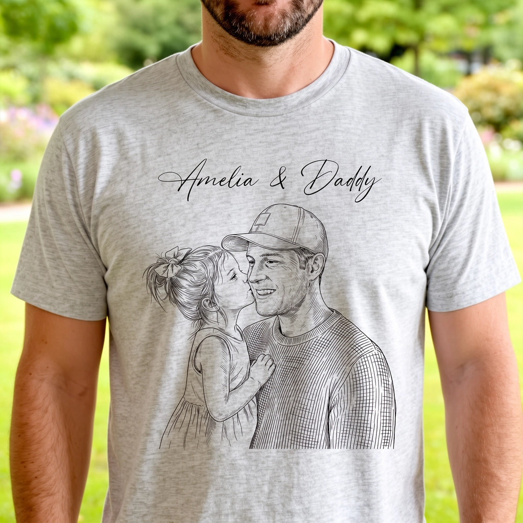 Custom Photo Sketch Classic Tee, Heartwarming Parent & Child Moment, Creative Gift for Husband or Dad