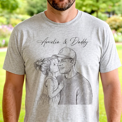 Custom Photo Sketch Classic Tee, Heartwarming Parent & Child Moment, Creative Gift for Husband or Dad